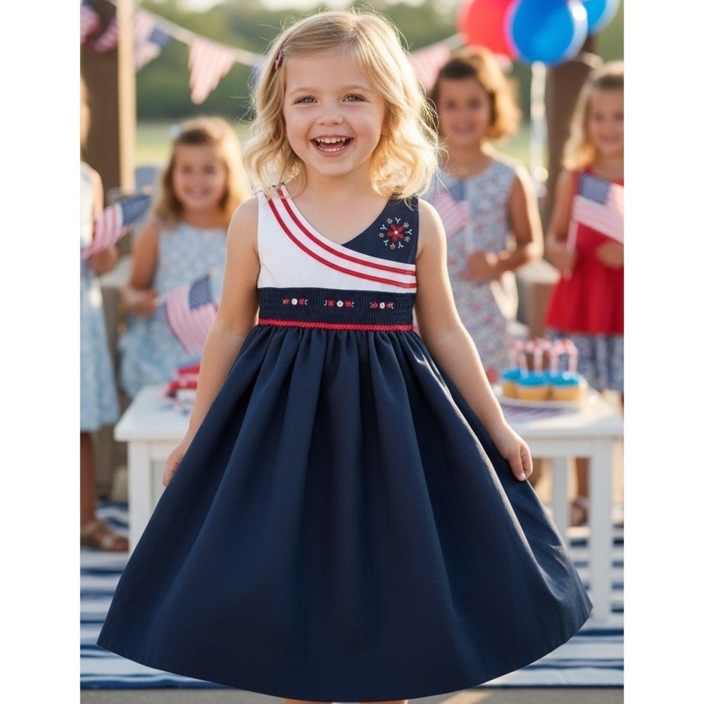 Girls Smocked‎ Dress Vintage Karina Navy Blue Knit White Red Maxi Size 4 Party